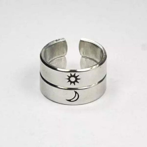 Adjustable Silver Plated Couple Moon and Sun Promise Ring Set