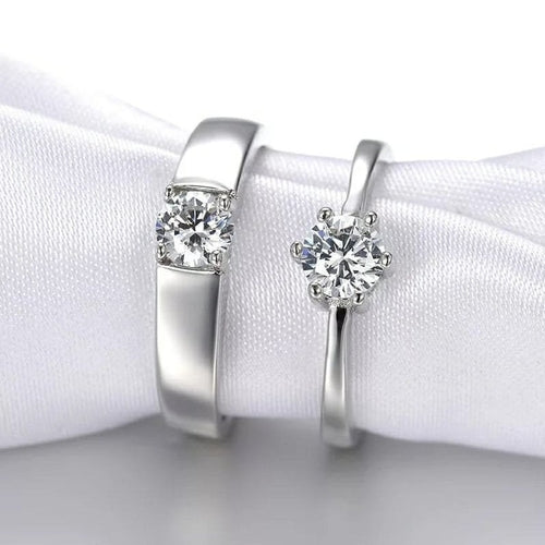 Adjustable Silver Couple His and Her Promise Zircon Rings Set